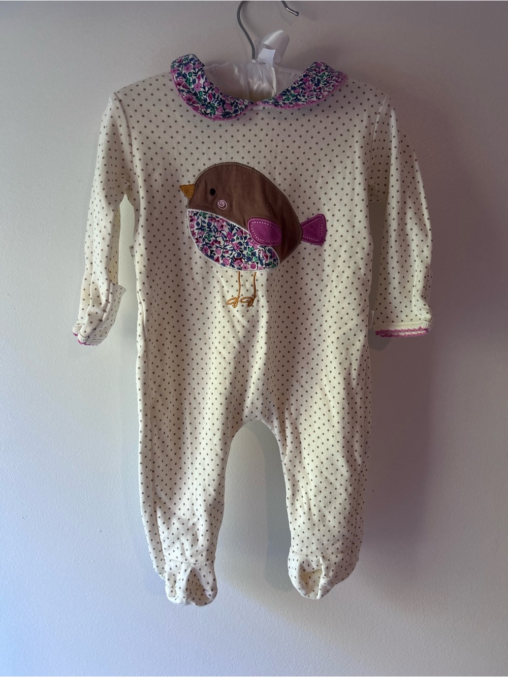 Jojo Mayan Bebe Cream Polka Dot Baby One-Piece with Floral Bird Applique